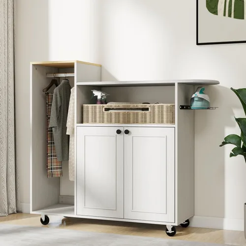 Vista 8 de Tabla de planchar rodante con gabinete de almacenamiento, gabinete de planchado de madera multiusos con ruedas, mesa de planchar con esponja