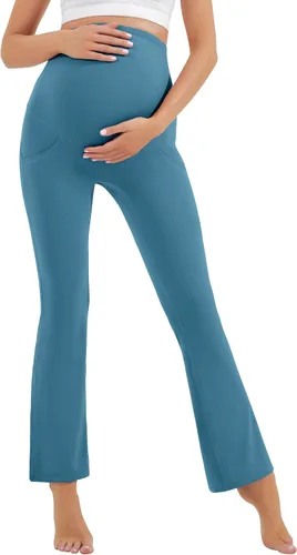 Vista 4 de HEGALY Leggings acampanados de maternidad para mujer sobre el vientre, pantalones casuales de yoga para embarazo, con bolsillos, suaves como