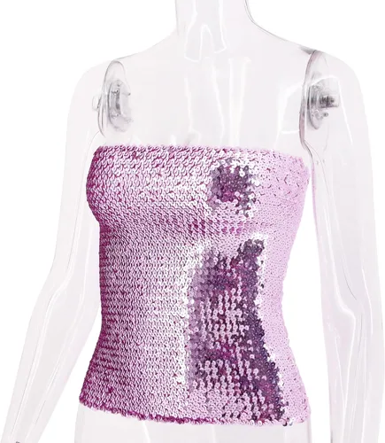 Vista 7 de Naimo Top de tubo de lentejuelas brillantes para mujer, sexy, elástico, para fiesta, disfraz de club, camisolas