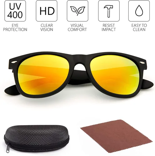 Vista 4 de Gafas de sol vintage con montura de cuerno para hombres y mujeres lente cuadrada con espejo estilo clásico de los años 80 protección UV ligera