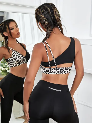 Vista 5 de Cozyease Sostenes de yoga con estampado de leopardo para mujer, elásticos, cómodos, cuello en V, para entrenamiento