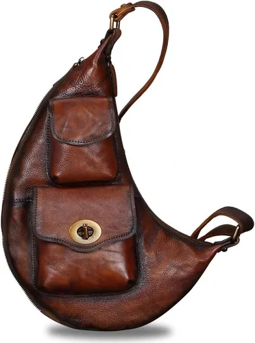 Vista 3 de Bolso bandolera grande de cuero genuino para hombres y mujeres, mochila vintage de cuero real, bolsa cruzada de hombro, bolsa de pecho