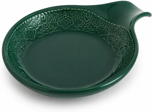 Vista 8 de Bandeja de utensilios de encaje en relieve, soporte de cuchara de cerámica, 5.5 pulgadas de diámetro (azul grisáceo)