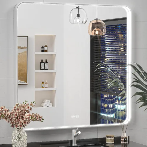 Vista 9 de Espejo de baño LED de 20 x 28 pulgadas con luces, marco plateado rectangular redondeado con diseño de tira de luz incrustada, 3 colores y regulable