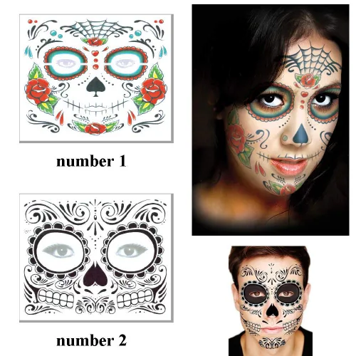 Vista 2 de Calcomanías de tatuaje facial de Halloween, tatuajes del Día de los Muertos, calcomanías de transferencia de agua con tela floral roja rosa negra