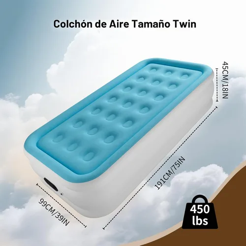 Vista 4 de Colchón de Aire Twin con Bomba Integrada, Cama de Aire Inflable de 18" de Altura Plegable, Colchón Autohinchable Cómodo Cama Individual para Casa