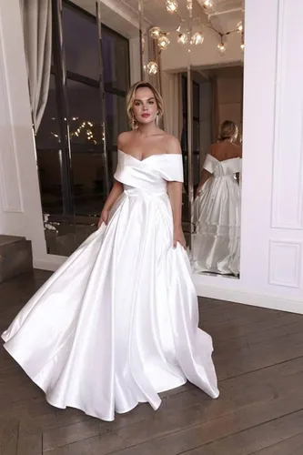 Vista 6 de BONOYUER Vestido de fiesta de satén con hombros descubiertos para mujer, largo y con abertura alta, acampanado, vestido de noche formal con bolsillos