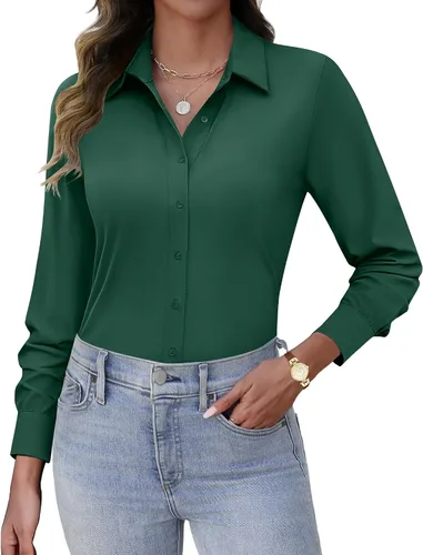 Vista 15 de HOTOUCH Camisas con botones para mujer, de manga larga, elásticas, sin arrugas, blusas de trabajo, ajustadas, para la oficina