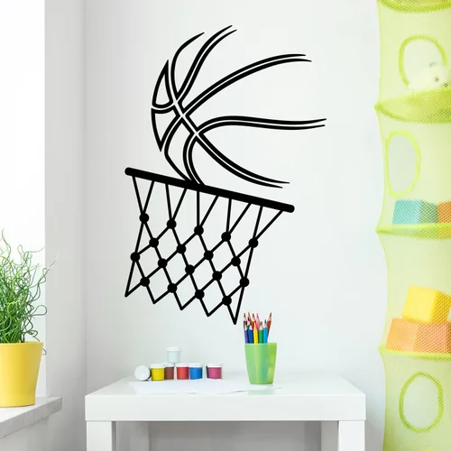 Vista 2 de Calcomanía de vinilo para pared, pelota de baloncesto y aro, 21 x 14 pulgadas, diseño positivo y divertido para el hogar, habitación de los niños