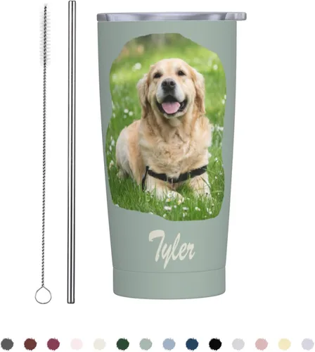 Vista 11 de Vaso personalizado de acero inoxidable para fotos de mascotas con cara de perro, 20 onzas con tapa y popote para viajes, regalo para amantes
