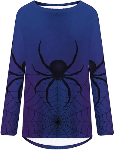 Vista 5 de Huilaibazo Túnica de Halloween para mujer, camisas gráficas de telaraña, blusa de manga larga fluida, túnica de talla grande para leggings