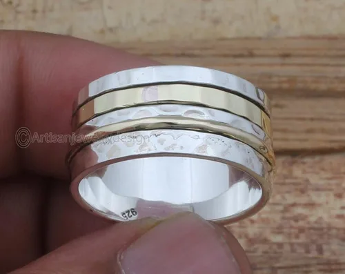 Vista 3 de 925 Silver Ring, Handmade Ring Women, Wide Band Ring, Spinning Silver Ring, Fidget Spinner Ring, Anxiety Spinner Ring, Spinner Band Ring, Thumb
