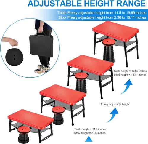 Vista 3 de KPR Juego de mesa plegable y taburete retráctil, mesa plegable portátil para camping, ligera pero más resistente, con taburete ajustable para picnic