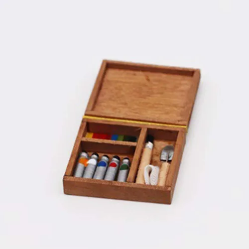 Vista 3 de 1/12 Caja de pintura de casa de muñecas Caballete Paleta Miniatura Arte Sala Escena Paintbox