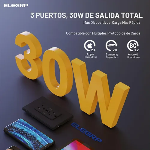 Vista 3 de ELEGRP Tomacorrientes USB, 30 W 6.0 Amp USB C, toma de pared USB de 3 puertos, toma de corriente resistente a manipulaciones de 15 amperios con 2