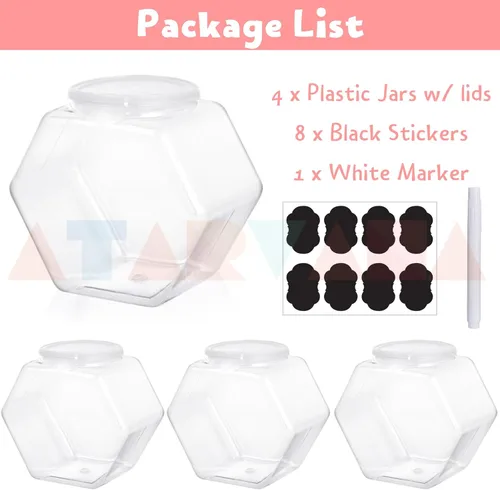 Vista 4 de Atarvana Juego de 4 tarros de plástico para caramelos de 72 onzas, recipientes hexagonales para dulces con tapas herméticas para bufé de dulces