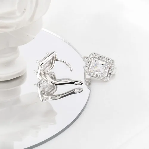 Vista 5 de White Gold Plated 925 Sterling Silver Small CZ Halo Huggie Hoop Earrings Rectangle