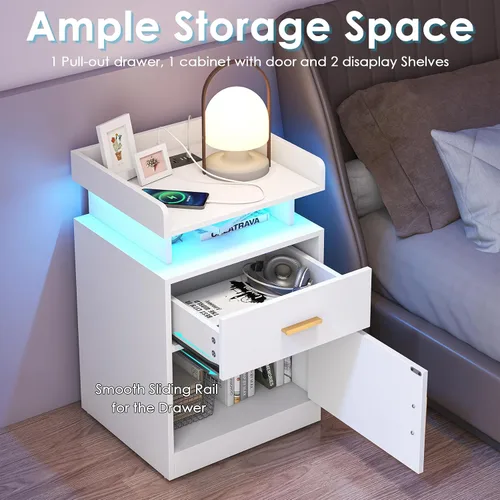 Vista 6 de Mesita de noche con estación de carga y luces LED, mesita de noche con cajón, mesita de noche con almacenamiento de gabinete, mesita de noche