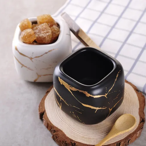 Vista 6 de VanEnjoy Tarro de porcelana decorativo de mármol con tapa de bambú y cuchara para condimentos para el hogar