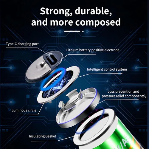 Vista 3 de Baterías de litio AA recargables USB de 3145 mWh, 1.5 V, doble A, de alta capacidad, con cable de carga USB-C 4 en 1 e indicador de carga LED