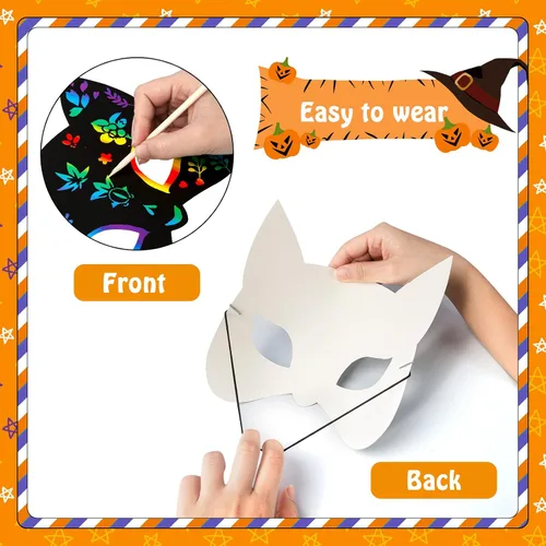 Vista 4 de MGparty Juego de 24 máscaras de rascar de Halloween para manualidades, arte de papel mágico para niños, actividades en el aula, recuerdos de fiesta