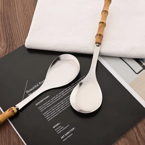 Vista 7 de Juego de 2 cucharas de servir de acero inoxidable de 10.0 pulgadas con mango de bambú natural, grandes utensilios plateados para servir, cucharón