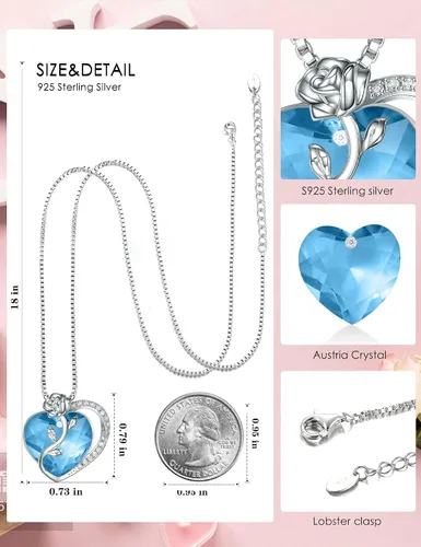 Vista 3 de SILVERKITY 925 Sterling Silver Rose Flower Heart Birthstones Necklace for Women with Austria Crystal, Pendants Gifts, Anniversary Birthday Jewelry