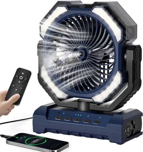 Vista 8 de Ventilador de Neblina Portátil de 20000mAh, Ventilador de Camping Recargable por USB con Luz LED, Operado por Batería para Exteriores, Tiendas