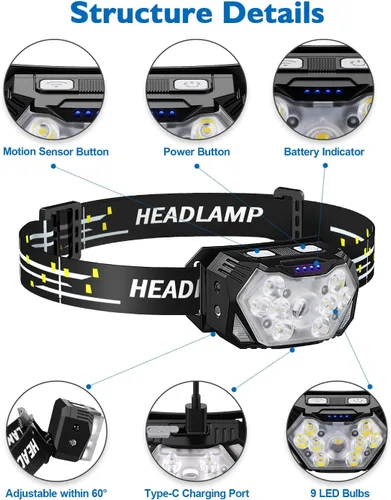 Vista 2 de Linterna frontal ultra brillante de 9 LED de 2000 lúmenes, linterna recargable USB C, 10 modos, lámpara de cabeza con sensor de movimiento