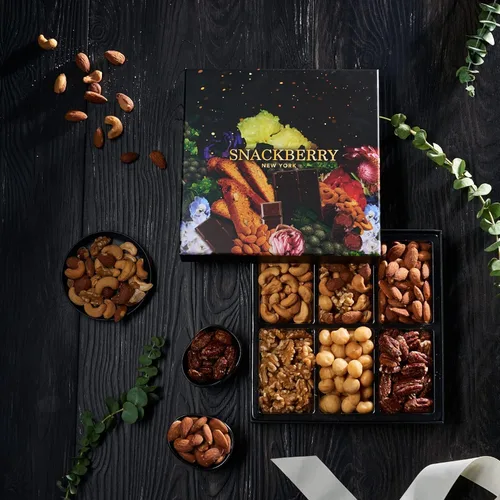 Vista 2 de Cesta de regalo de frutos secos, paquete de 2 cajas de bocadillos gourmet, en caja elegante, para Navidad, Año Nuevo, fiesta de cumpleaños, paquete