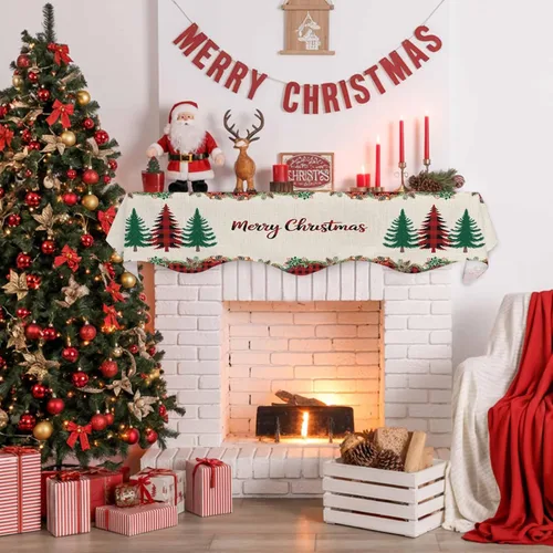 Vista 5 de Bufanda para chimenea con árbol de Navidad, 90 x 17 pulgadas, guirnalda de Navidad a cuadros rojos, cubierta de mantel de lino vintage, protector