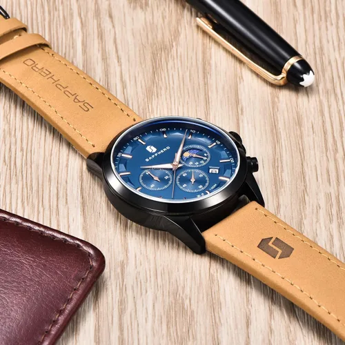 Vista 3 de SAPPHERO Watches for Men Quartz Chronograph 10ATM Waterproof Brown Leather Men's Fashion Business Wrist Watch (Battery is Dead)