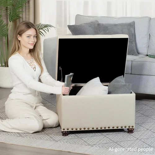 Vista 2 de Otomana de Almacenamiento de 24", Otomana de Tela Reposapiés con Tapa Articulada, Taburete Tapizado Rectangular Acolchado, Carga hasta 350 lb
