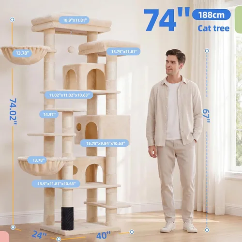 Vista 2 de Hey-brother Árbol de Gato, torre de gato de varios niveles XL de 74 pulgadas para gatos de interior con tres condominios para gatos, dos plataformas