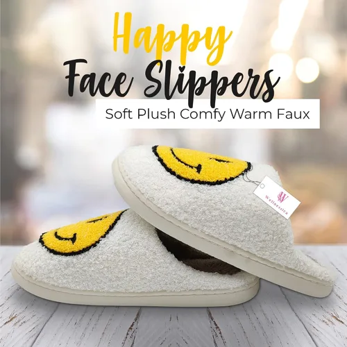 Vista 2 de WELLNESSICA 'Smiley Originals' - Smiley Face Slippers for Women, Men & Kids - Ultra Comfy & Warm Faux Fur with Memory Foam, Non-Slip Preppy Slippers