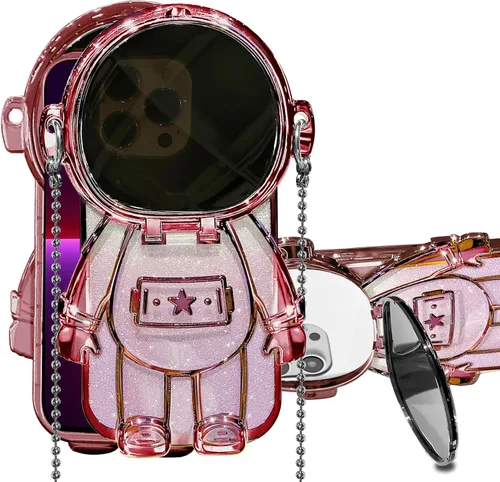 Vista 10 de Funda de astronauta compatible con iPhone 14 Pro Max con soporte, espejo, correa de hombro con cordón, espejo de papel con purpurina desmontable
