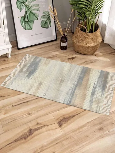Vista 4 de Beige Gray Brown Entryway Rug 2X3 Ft Bathroom Mat, Washable Woven Abstract Ombre Art Throw Carpet with Tassel, Non-Shedding Vintage Minimalist