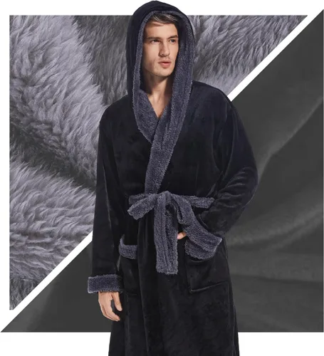 Vista 6 de Inner Wish Bata con capucha para hombre, bata de baño larga de felpa, acogedora y cálida, bata de spa con bolsillos