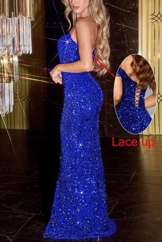 Vista 2 de Vestidos de fiesta de lentejuelas brillantes para mujer, vestido largo de noche de sirena 2024, sin tirantes, vestido de baile formal con purpurina