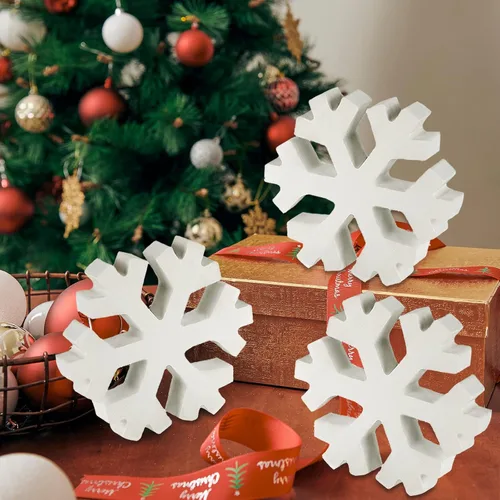 Vista 8 de Blulu 3 piezas de decoración de copo de nieve de madera de Navidad de color blanco de pie de invierno, decoración de Navidad para accesorios