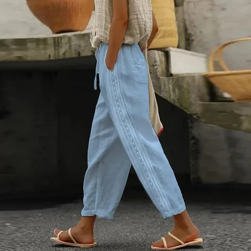 Vista 2 de longantii Pantalones deportivos para mujer, accesorios de yoga, pantalones holgados con borde de encaje, color sólido, pantalones casuales retro