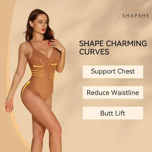Vista 5 de SHAPSHE Body de encaje para mujer, con control de abdomen, sin mangas, cuello en V, sin espalda, camisola