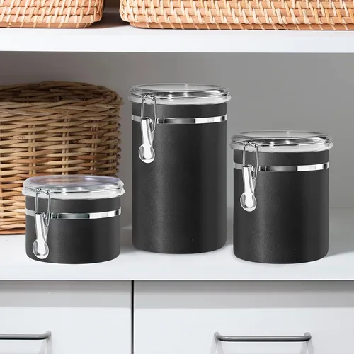 Vista 6 de Oggi Recipiente de cocina de acero inoxidable de 26 onzas líquidas, negro - Tapa hermética con cierre, parte superior transparente - Ideal
