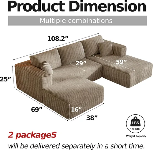 Vista 2 de Sofá modular en forma de nube de 107 pulgadas para sala de estar, sofá modular de pana sin hueso, sofá en forma de U con diván y almohadas, sofá