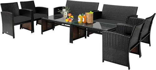 Vista 18 de Tangkula Juego de muebles de ratán de 4 piezas, juego de conversación al aire libre con silla, sofá biplaza y mesa de centro de vidrio templado
