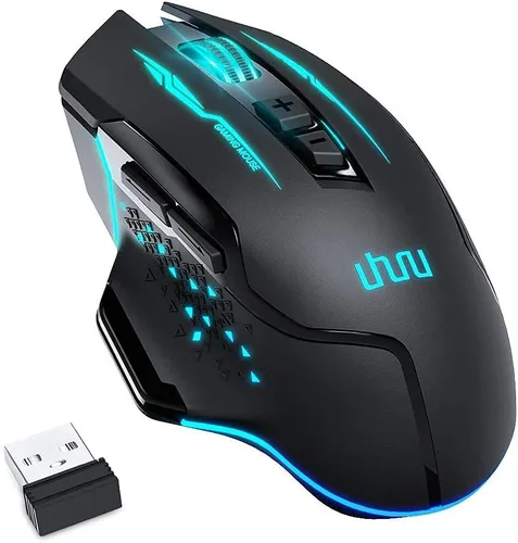Vista 9 de UHURU Mouse inalámbrico para juegos, con cable e inalámbrico, doble modos, recargable RGB con 7 botones programables, ergonómico y 5 niveles de DPI