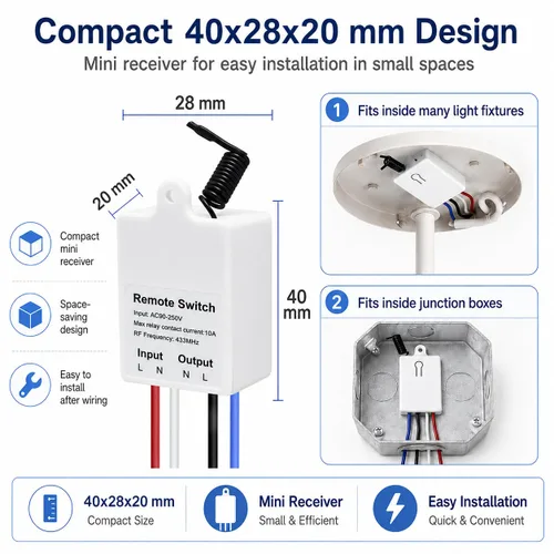 Vista 2 de QIACHIP Kit de mini receptor, rango RF de 100 pies, interruptor de luz