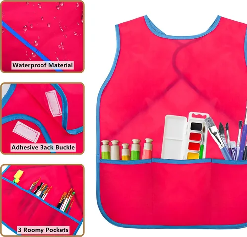 Vista 4 de DEAYOU Paquete de 12 delantales de arte para niños, impermeables, con 3 bolsillos, sin mangas, para niños de 3 a 8 años, para cocinar, hornear