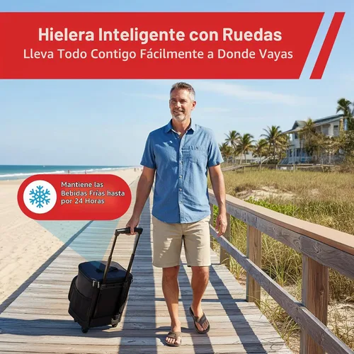 Vista 2 de Carrito inteligente con función de refrigeración ultra compacto con ruedas - Bolsa enfriadora plegable aislada - Enfriador de viaje plegable para 36