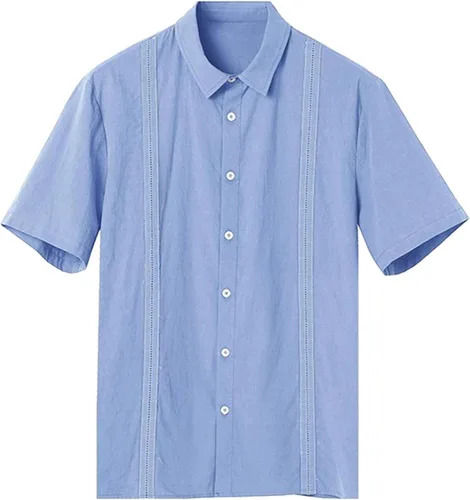 Vista 2 de Camisa casual de algodón y lino con botones para hombre, ajuste regular, bordado, borde bordado, manga corta, camisa de playa